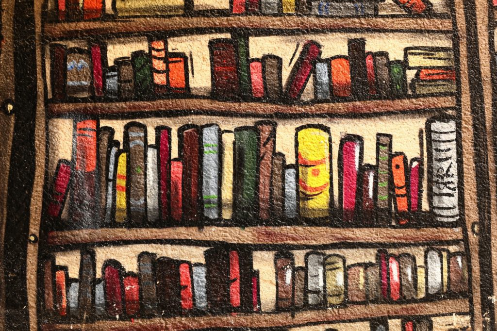 illustration of colorful bookshelves on the wall.