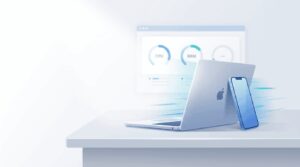 desktop with laptop and phone on it