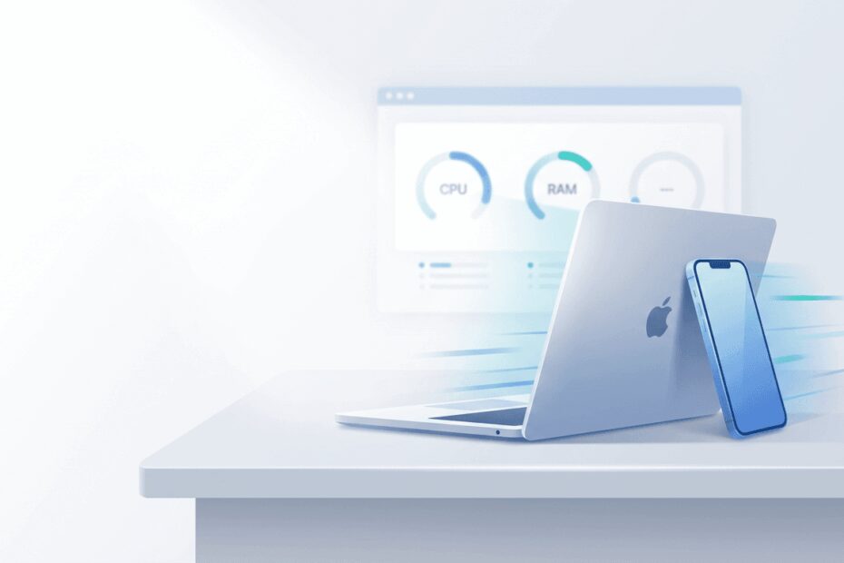 desktop with laptop and phone on it